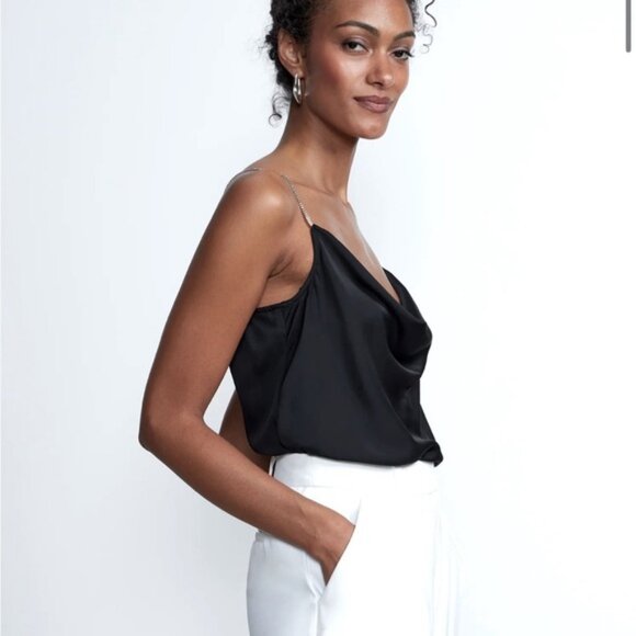 NWT House of Harlow Black Satin Cowl Camisole With Rhinestone Straps - Picture 2 of 13